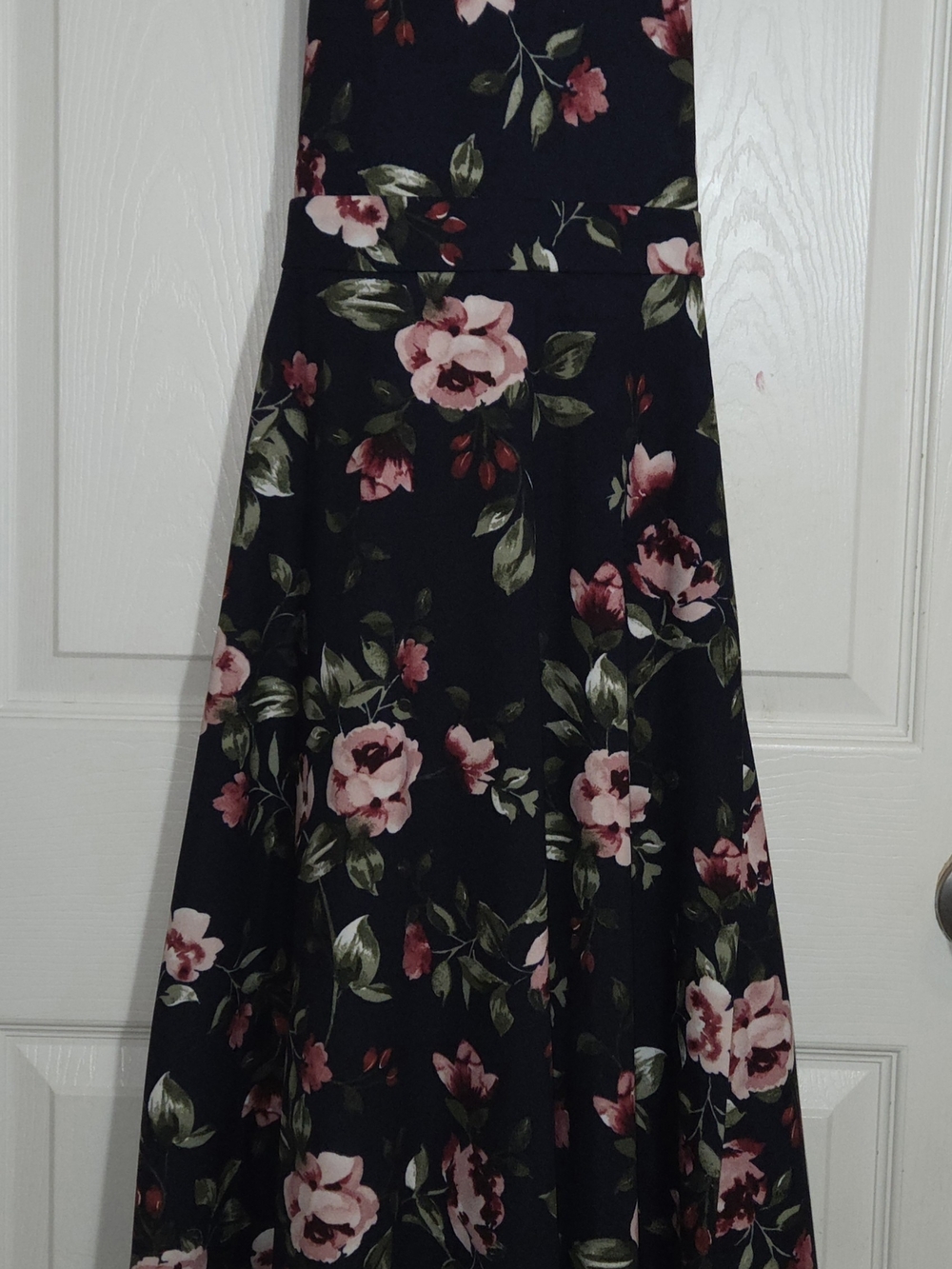 Dark Blue Floral A-Line Maxi Skirt with Pink Rose Print